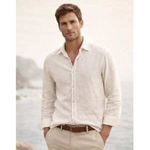 Cortigiani Men's 100%‎ Linen Long Sleeve Button Up Shirt White- Size 2XL